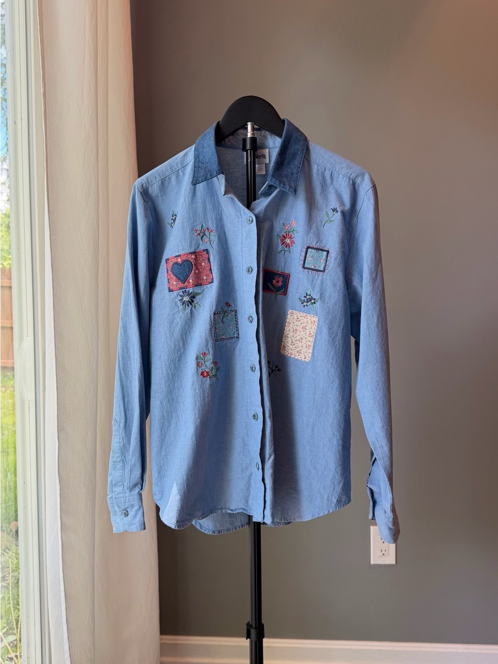 BonWorth Embroidered Patchwork Country Button-Up Shirt M 100% Cotton Collared